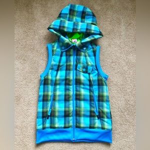 Burton Dryride Vest Women’s M Blue Green Plaid Zip Up Hoodie Jacket Vest